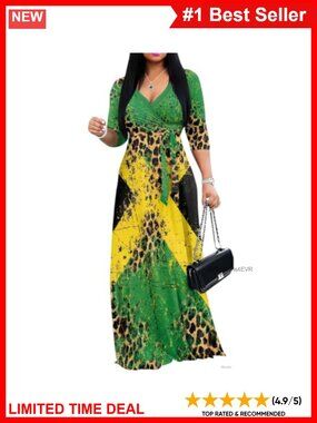 Plus Size Maxi Dress V-Neck 3/4 Sleeve High Waist Hidden Pockets Party Beach